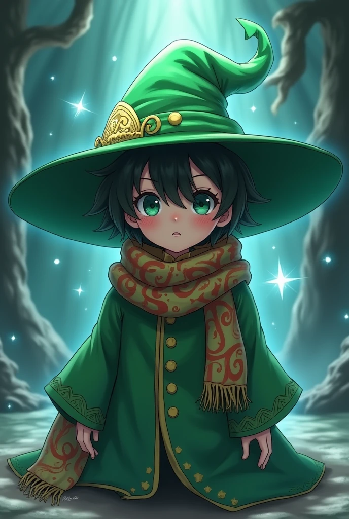 A small adult with a green wizard hat and a jujutsu kaisen art style scarf