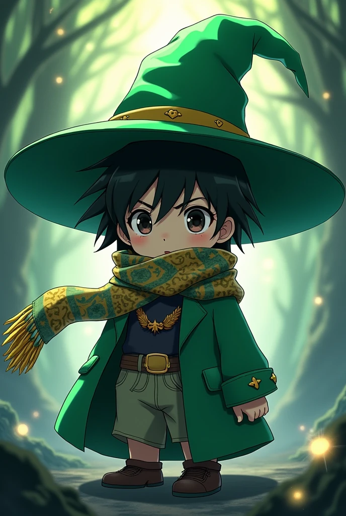 A small adult with a green wizard hat and a jujutsu kaisen art style scarf