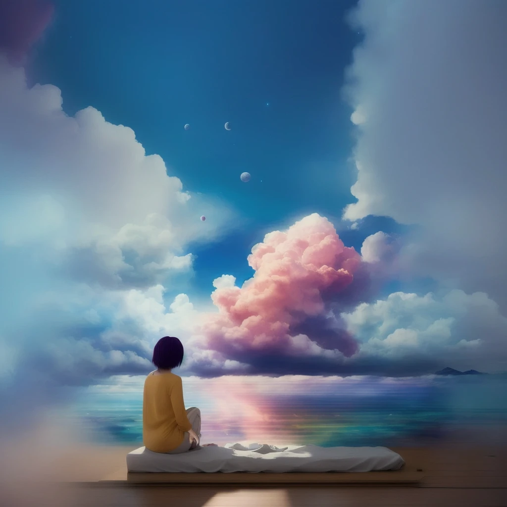 there is a realistic person sitting on a bed looking at the sky