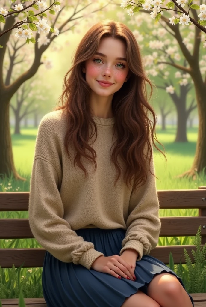 Créez une image réaliste d'une jeune fille d'environ 20ans. She has long, slightly wavy brown hair., des yeux verts éclatants et une peau claire avec des taches de rousseur. She wears a sweet and natural smile. The girl is wearing a beige wool sweater and a navy blue pleated skirt.. Elle est assise sur un banc en bois dans un parc, surrounded by trees in full spring bloom. The sun shines through the leaves, creating beautiful patterns of shadows and lights on his face.
