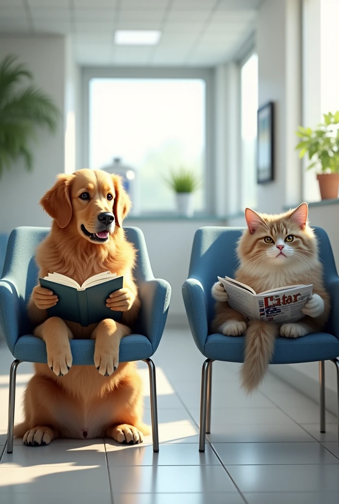 (photorealism:1.2) dog and cat in veterinary office waiting on chairs for their turn reading.