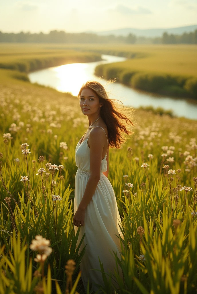 Aerial Photography，Big scene，Full length portrait of a lovely woman in a bright windy field,She stands far away， river, (Backlight), Practical, masterpiece, best quality, lens flare, In the shade, bloom, [[Chromatic Aberration]], author：Jeremy Lipking, author Antonio J. Manzanedo, number, Style-GlassFinal, Natural skin texture