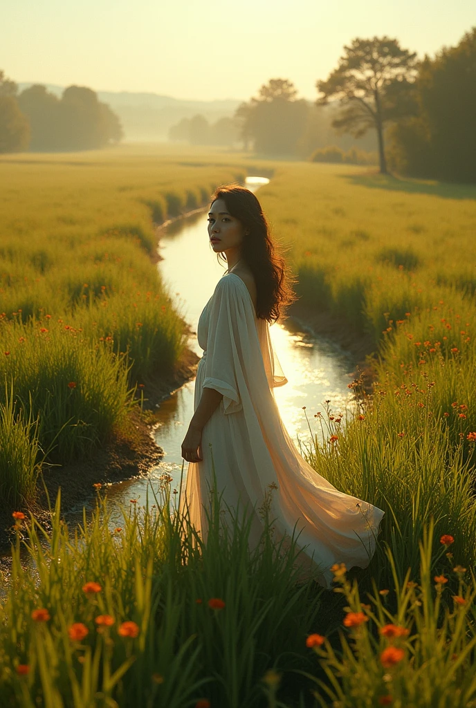 Aerial Photography，Big scene，Full length portrait of a lovely woman in a bright windy field,She stands far away， river, (Backlight), Practical, masterpiece, best quality, lens flare, In the shade, bloom, [[Chromatic Aberration]], author：Jeremy Lipking, author Antonio J. Manzanedo, number, Style-GlassFinal, Natural skin texture