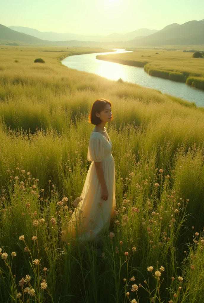Aerial Photography，Big scene，Full length portrait of a lovely woman in a bright windy field,She stands far away， river, (Backlight), Practical, masterpiece, best quality, lens flare, In the shade, bloom, [[Chromatic Aberration]], author：Jeremy Lipking, author Antonio J. Manzanedo, number, Style-GlassFinal, Natural skin texture