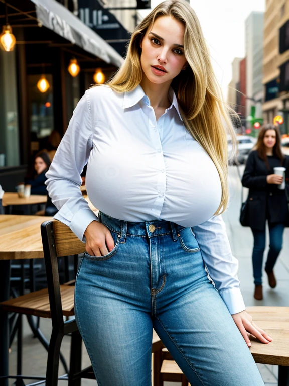 (wide angle), (angled view), young Natalie Portman aged 20, candid, (looking to the side), (extremely tall college student), sitting at a trendy outdoor cafe in New York City, weathered wooden table, wrought iron chair, bright eyes, casual, cute, (soft lighting), symmetric eyes, latte, fancy coffee, busy, many diverse people, symmetric breasts, (plain white tucked-in long-sleeved button-down business shirt), (stretched fabric), plain jeans, (long full wavy blonde hair), bangs, (very long hair:1.25), (jumbo huge colossal gigantic breasts), bursting breasts