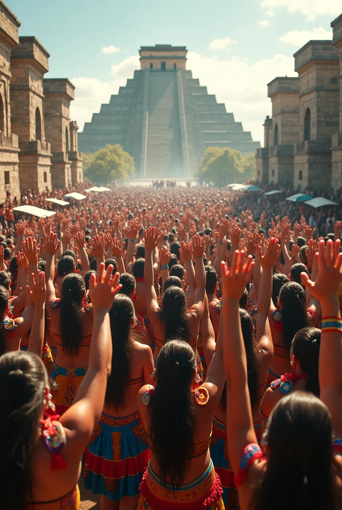 a place where Aztec people are celebrating with their hands raised up