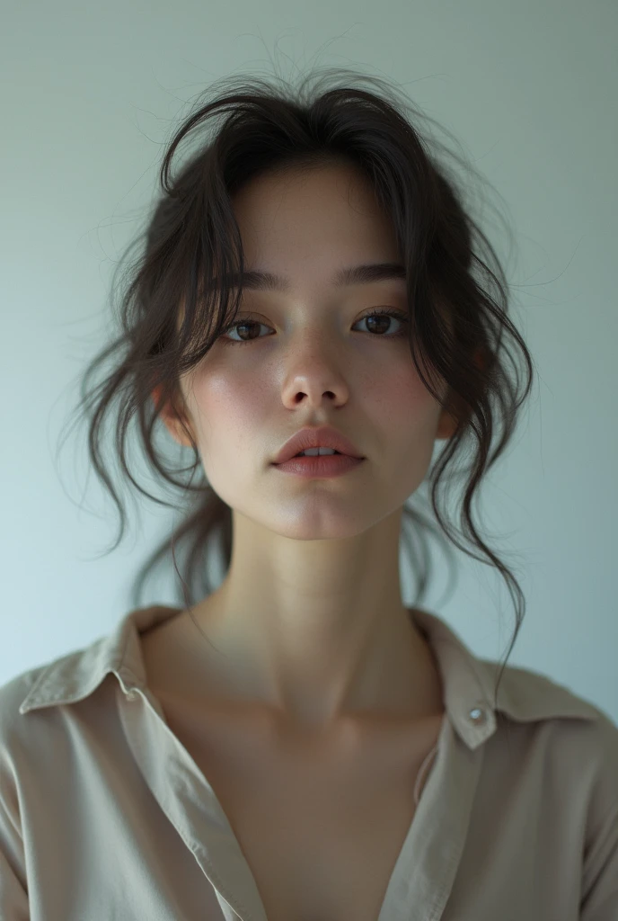 a girl take a selfie with a thin shirt , HIGHRES, clean face, with accurate face, solo, upper body, potrait, close up potrait, portait photo profile picture, REALISTIC , PHOTOREAL, messy hair, open mouth, perfect face, best image, HIGH RESOLUTION