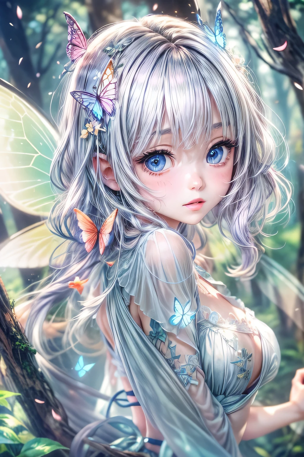8k.Half Russian and half Japanese、Russian face、beautiful girl、princess、、Small face、Young face、Big eyes、Skinny、Small breasts、(((Silver Hair、Silver Hair)))、With bangs、(((High resolution big beautiful light blue eyes, )))、Shortcuts、Bobcut、background, Fantasy, wonderful, Fantasy, forest, Fairy、With rainbow butterfly wings、Request for Light、forestのFairy、Fairyドライアド、Aura of Light