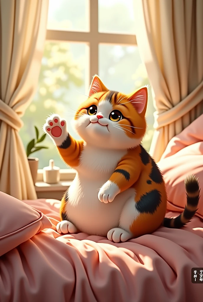 The fat calico cat beckoning is so cute Too much soothing pampering