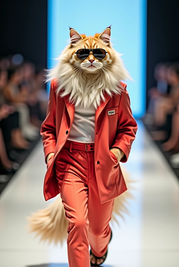 Himalayan cat wearing a youth suit and Adidas sunglasses Full body photo at a real life fashion show
