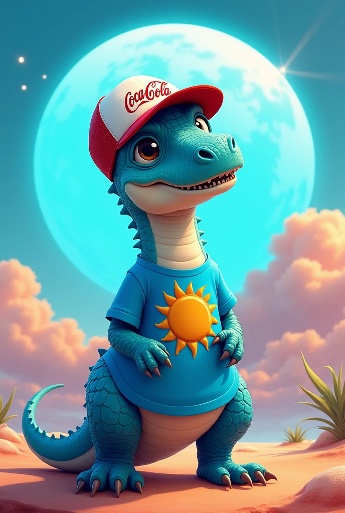 Dinosaur with a blue sun shirt and a Coca Cola hat