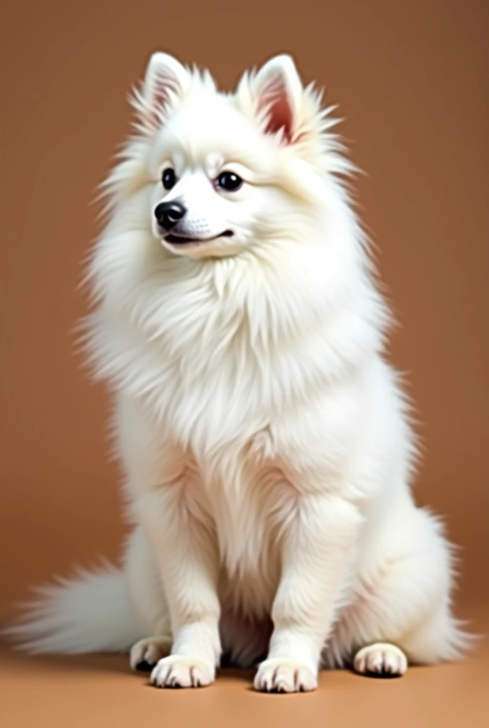 a small white german spitz, sitting forward, looking slightly to the side, isolated on a brown background