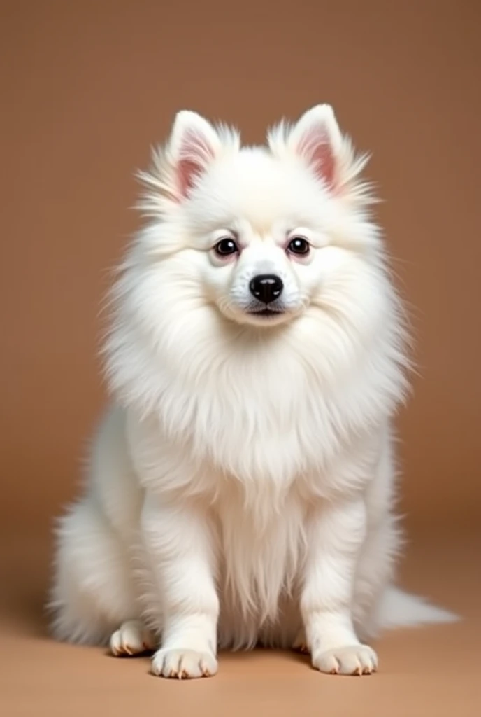 a small white german spitz, sitting forward, looking slightly to the side, isolated on a brown background