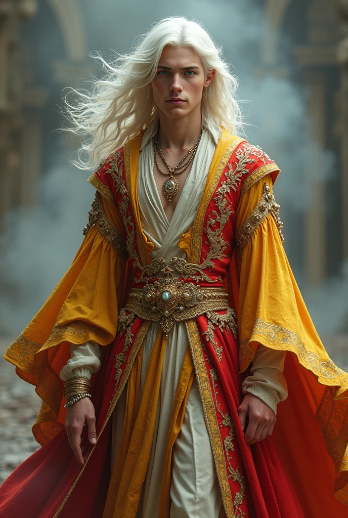 Young man, solo, (((gold and red dress))), flowers, jewelry, long sleeves, wide sleeves, chinese clothes, hanfu, embroidery, long skirt, long flowing white hair, detailed face, detailed beautiful blue eyes, (intricate:1.3), (arcane aura:1.2), (dreamlike: 1.3), (subtle mist:1.1), (vibrant colors: 1.2), (detailed hair:1.3), (ultra realistic details:1.5),. Full body foto
