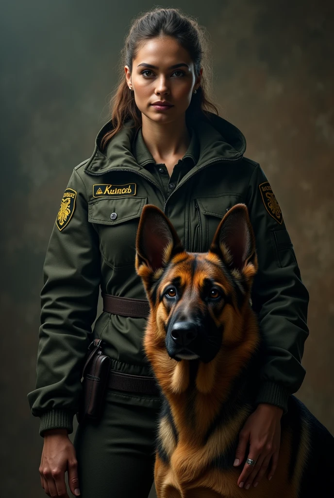 a highly detailed portrait of a dog handler standing with a german shepherd, beautiful detailed eyes, beautiful detailed face, extremely detailed hands, extremely detailed fur, photorealistic, masterpiece, 8k, dramatic lighting, cinematic, moody, intense atmosphere, muted colors, warm tones
