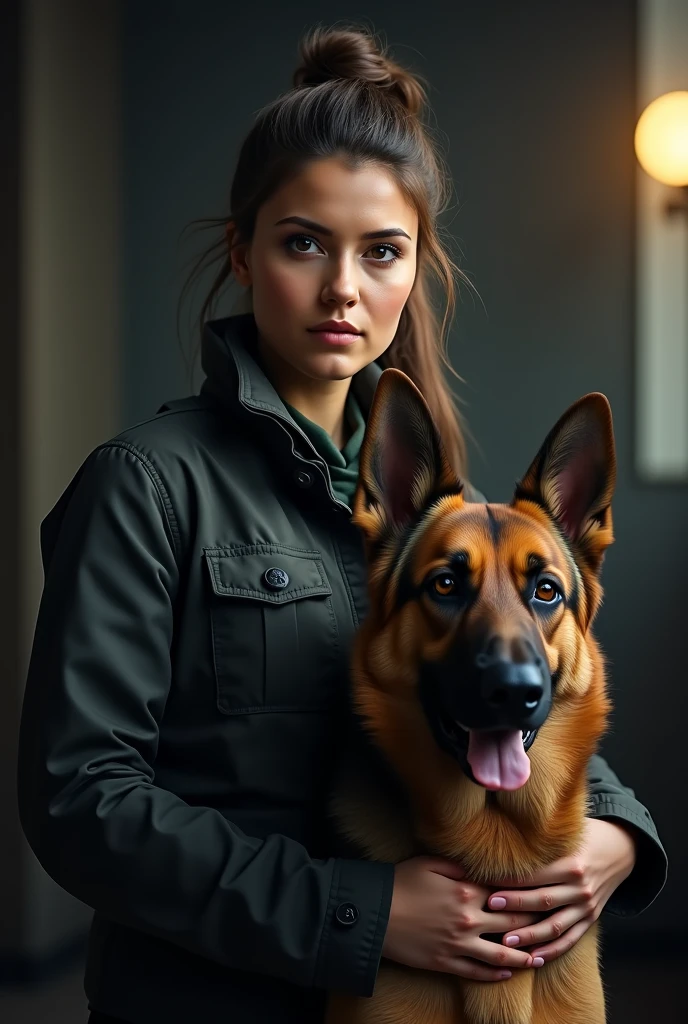 a highly detailed portrait of a dog handler standing with a german shepherd, beautiful detailed eyes, beautiful detailed face, extremely detailed hands, extremely detailed fur, photorealistic, masterpiece, 8k, dramatic lighting, cinematic, moody, intense atmosphere, muted colors, warm tones