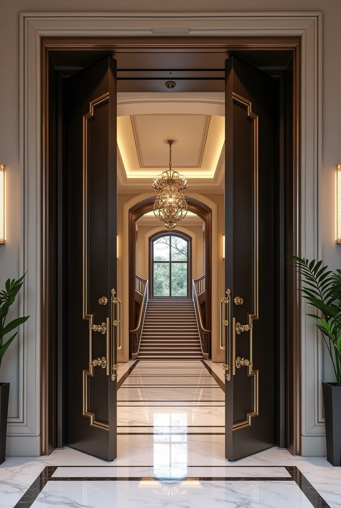 A contemporary mansion with an imposing main entrance - double door with a striking design.
- Entrance hall with double height ceiling and central staircase.