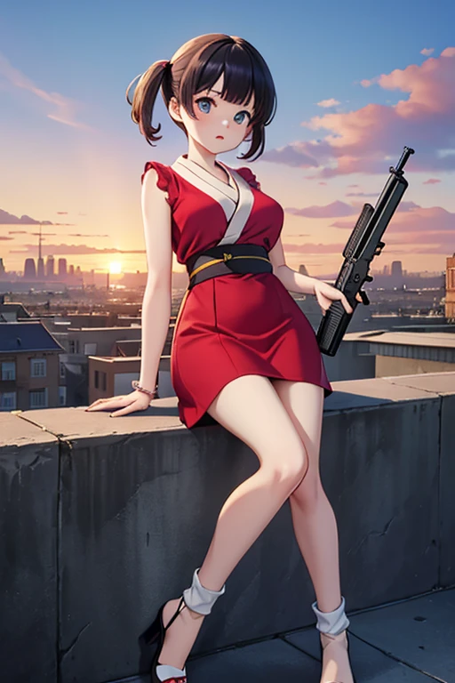 Highest quality、Ultra HD、One Woman、(Brown Long Hair 1.3)、(Red One Piece 1.3)、(White Heels 1.1)、(Black Knee High Socks 1.2)、((Shoot a gun 1.2))、(Red Ribbon 1.2)、(Beautiful face like a Japanese actress 1.2)、Adult women、Slender body、((Large Breasts))、(Sunset city background 1.2)、((Clear and beautiful touch))