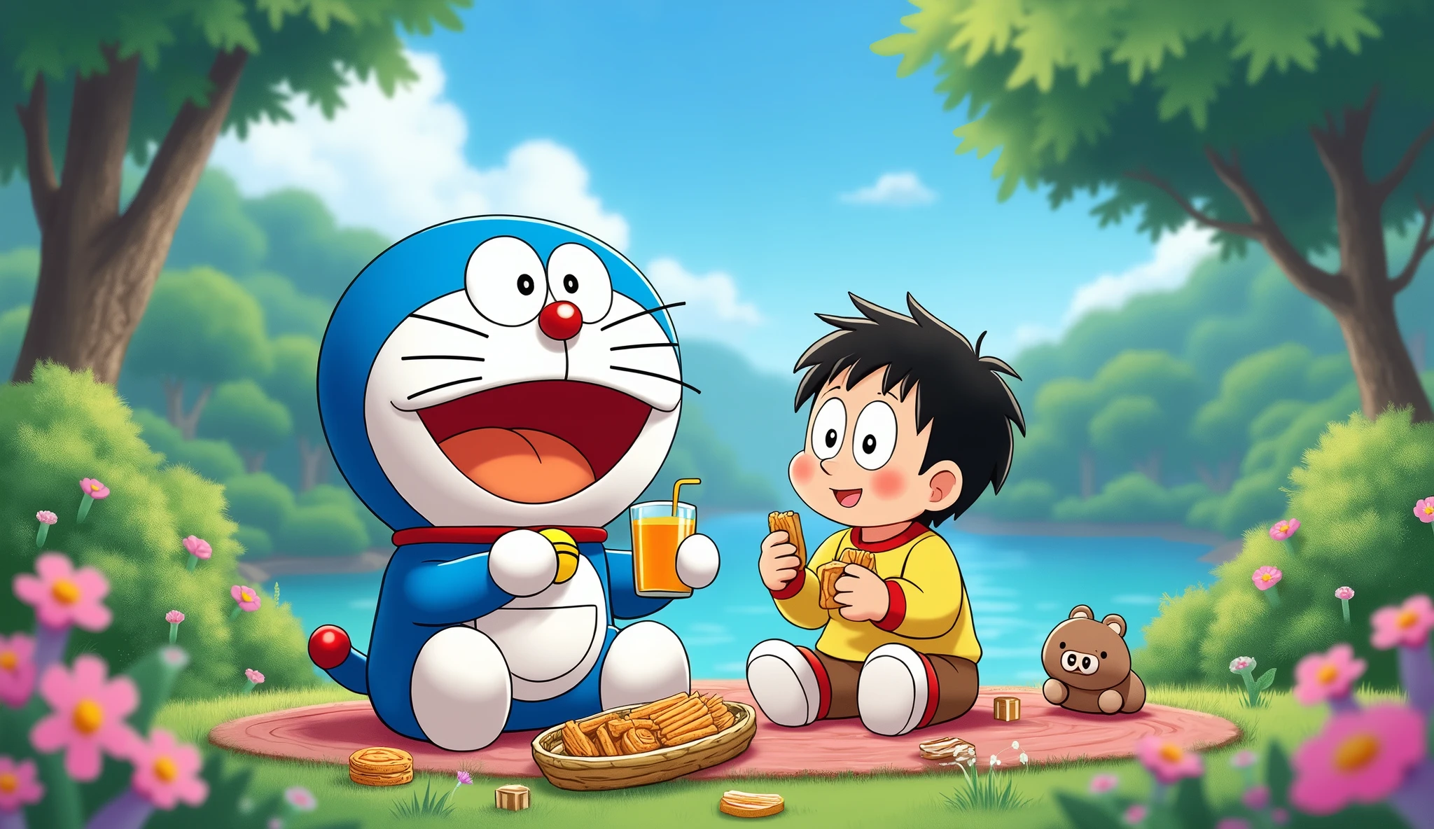 (Create Doreamon anime character doreamon and Nobita) . Nobita is and he own yellow woddie, panta and snackers. Doreamon look like anime type. Doreamon and Nobita enjoy the jouce And their background will be a very beautiful place where they are sitting eating and enjoying (4k high quality photos).