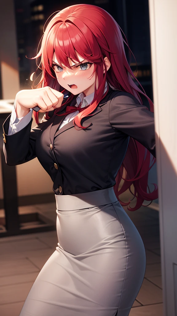masterpiece, best quality, high detail, beautiful angry business woman punching wall, solo focus, long wavy hair, red hair, (gray blazer), (gray midi pencil skirt), long gray skirt, wide hips, office building, action pose, dynamic pose,