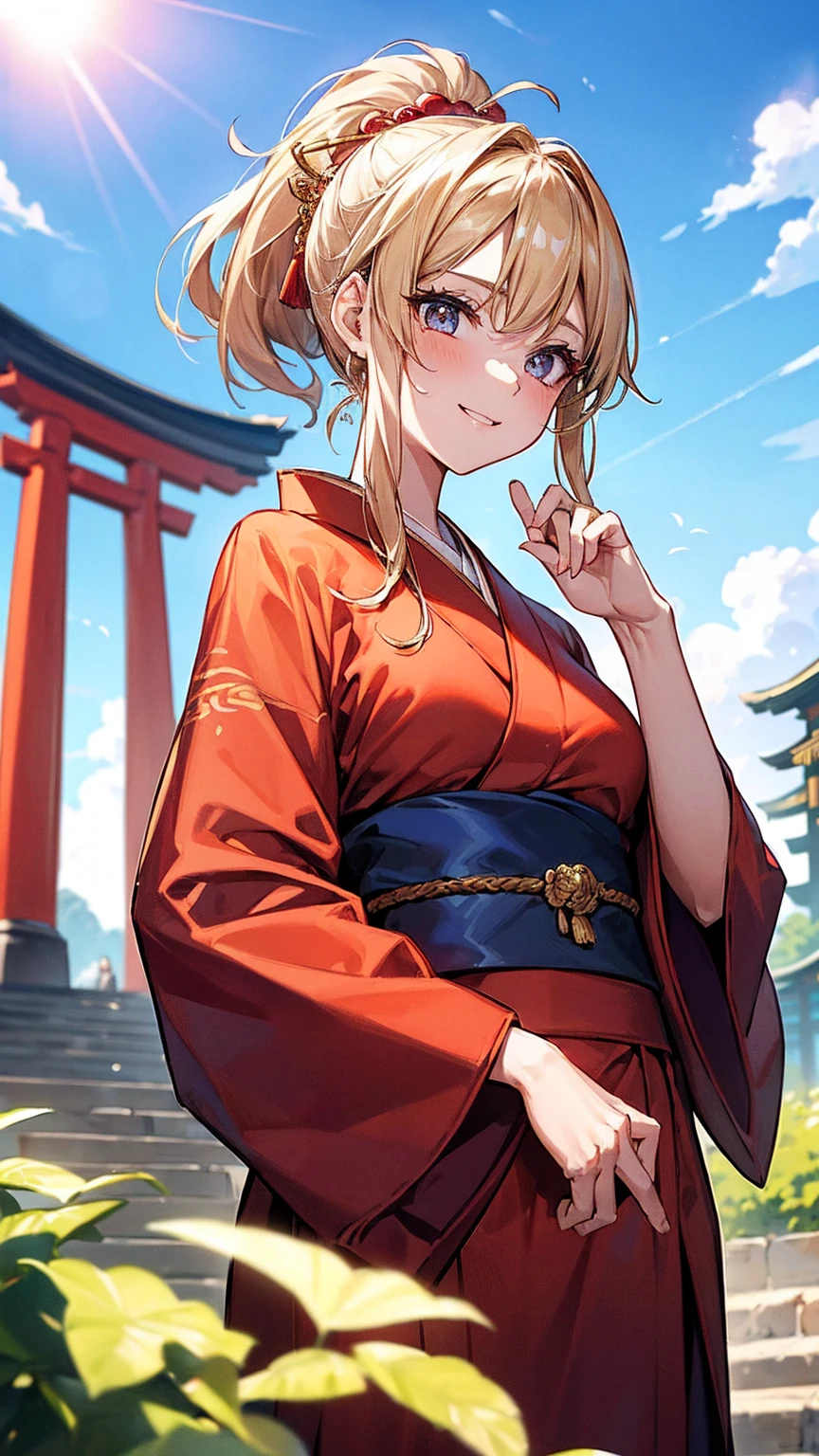 最high quality、Best image quality、masterpiece、age Girls((r、Best Bust、Medium Bust,Tea that opened my chest wide、Golden Eyes, Blonde、ponytail、Slender,Highest valley、Red kimono、Cute hair accessories、The best smile、Cool pose)),high quality、Beautiful art、background((Japanese、blue sky、shrine、torii、Bright Sun、A large number of people)),Tabletop、Depth of written boundary、movie、Visual Arts、Perfect art、POV POV Point of view