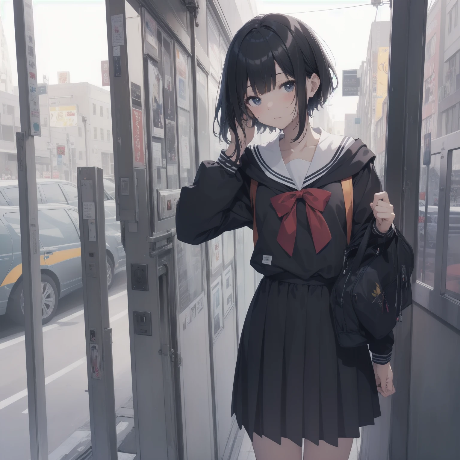 ultra-absurdres-Top quality by artist God, ultra-detailed, high resolution, anime moe artstyle, best anime 8k konachan wallpaper, pixiv contest winner, pool:2810, perfect anatomy,break, 1girl, (Please draw a girl walking sleepily to school alone. )break,(Solo,little female,:1.3),Full limbs, ,a junior high school student, (very short hair), short cut, flat chest, , small butt, small black eyes, beautiful detailed eyes, well-proportioned iris and pupils, expressive eyes, highres detailed hair, soft expression, salor school_uniform, sailor collar, serahuku, bow, pleated skirt,(Detailed Lighting), (Detailed background), in the School commute route. break,super detailed skin, Best cinematic lighting powered by famous artist, 8k,beauty illustration,photoshop_(medium),very aesthetic,break,((artist:takeuchi_takashi )), artist:clamp ,artist:carnelian ,artist:kantoku ,