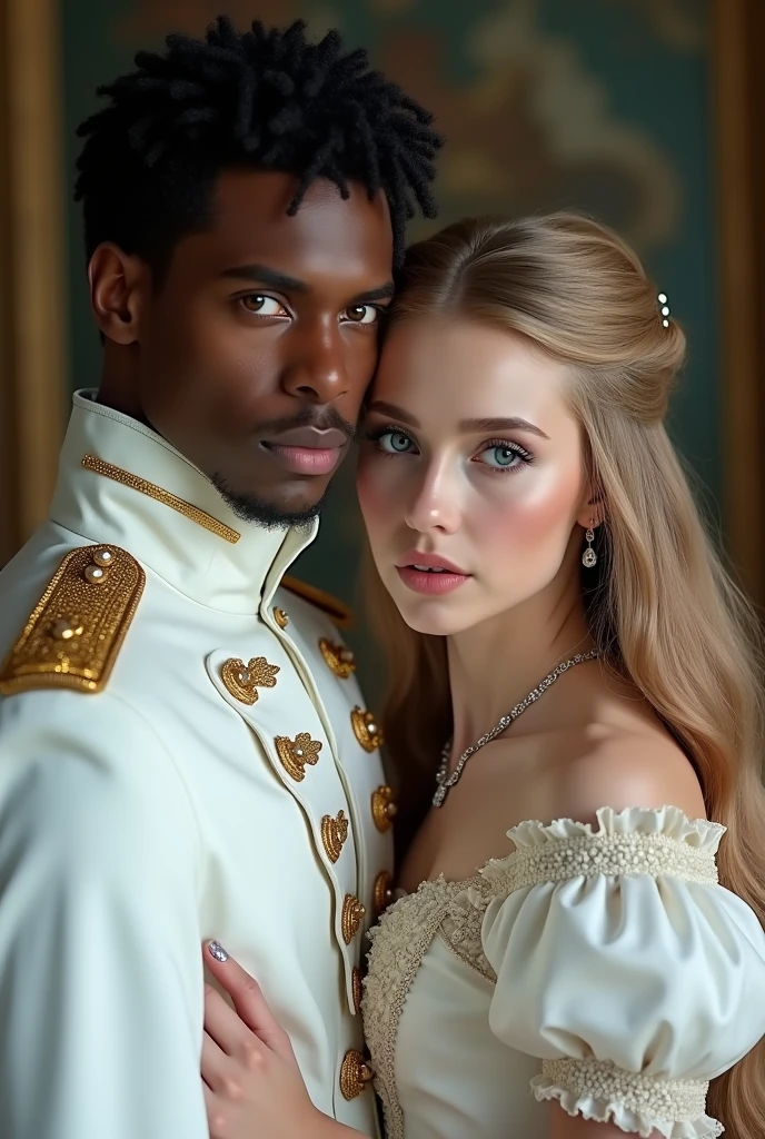 Realistic photo of couple photo couple between Fictional man as Black American man as singer Prince with have oval shaped face , full lips , hazel brown angelic eyes is 5 handsome and very sexy looking man and is wearing dyed black woodly short hair and wearing White uniform as France Sun king Louis XVI era Prince uniform and is couple with White European Estonian young adult 2 and 167 cm girl kärt with wearing dyed dull blonde very long thick hair , have arched brown natural eyebrows , have square shaped face , have low cheekbones , have oily skin , have narrow upper lips , have lighted earth blue eyes and is wearing mermaid makeup with blue smokey eyeshadow and pink lipgloss in lips and is wearing white 18 century princess dress