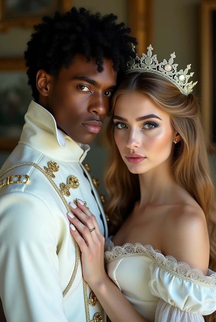Realistic photo of couple photo couple between Fictional man as Black American man as singer Prince with have oval shaped face , full lips , hazel brown angelic eyes is 5 handsome and very sexy looking man and is wearing dyed black woodly short hair and wearing White uniform as France Sun king Louis XVI era Prince uniform and is couple with White European Estonian young adult 2 and 167 cm girl kärt with wearing dyed dull blonde very long thick hair , have arched brown natural eyebrows , have square shaped face , have low cheekbones , have oily skin , have narrow upper lips , have lighted earth blue eyes and is wearing mermaid makeup with blue smokey eyeshadow and pink lipgloss in lips and is wearing white 18 century princess dress