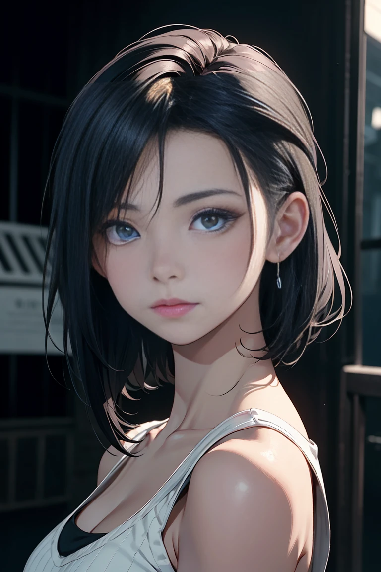 20-year-old woman、Black blue hair、Long Hair、(High Top Fade:1.3)、Dark Theme、Calm Tones、Calm colors、High contrast、(Natural skin texture、Hyperrealism、Soft Light、sharp)
