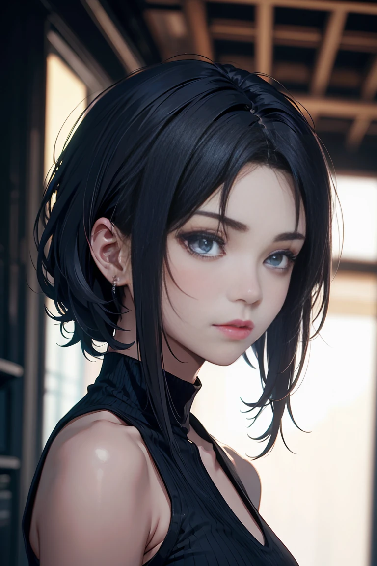 _asura style, 1girl, makima_(chainsaw_man), greyscale, ringed_eyes, breasts, monochrome, jewelry, solo, cleavage, necklace, braided_ponytail, braid, looking_at_viewer, large_breasts, blush, upper_body, earrings, bangs, sweat, simple_background, collarbone, black_background