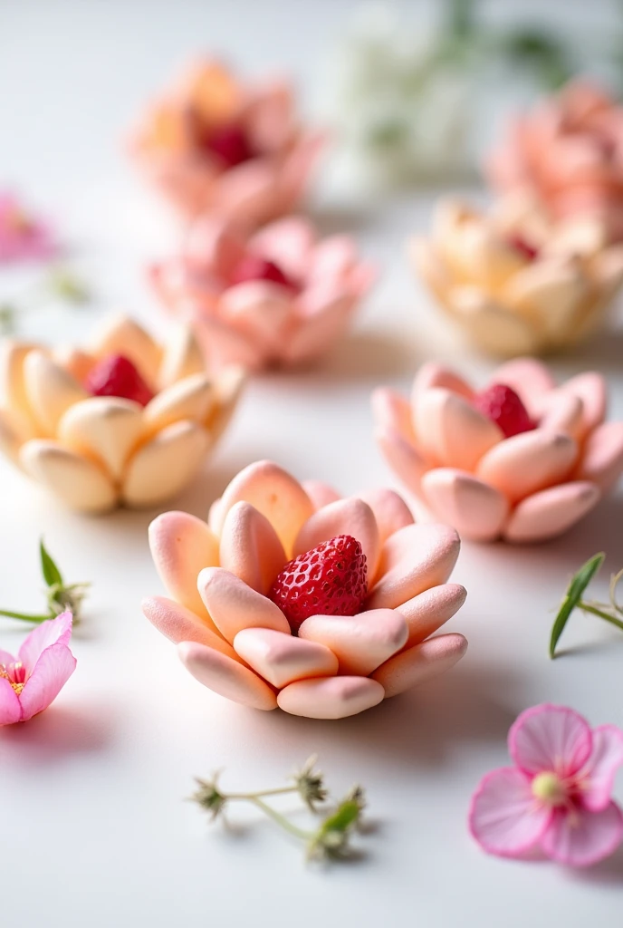 Flower-shaped macarons with cream and strawberry filling