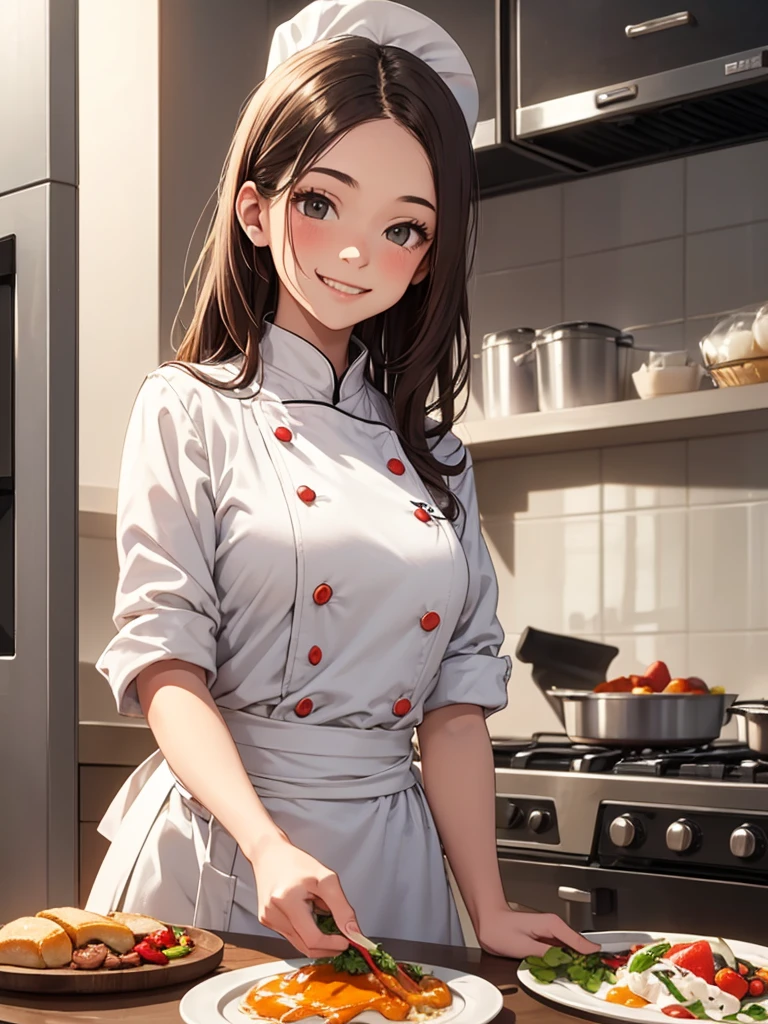  girl. Rookie chef. Apprentice. White chef outfit with red accent. Brown hair. At the kitchen. Beautiful teenageCute smile. 