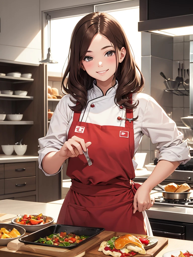  girl. Rookie chef. Apprentice. White chef outfit with red accent. Brown hair. At the kitchen. Beautiful teenageCute smile. 