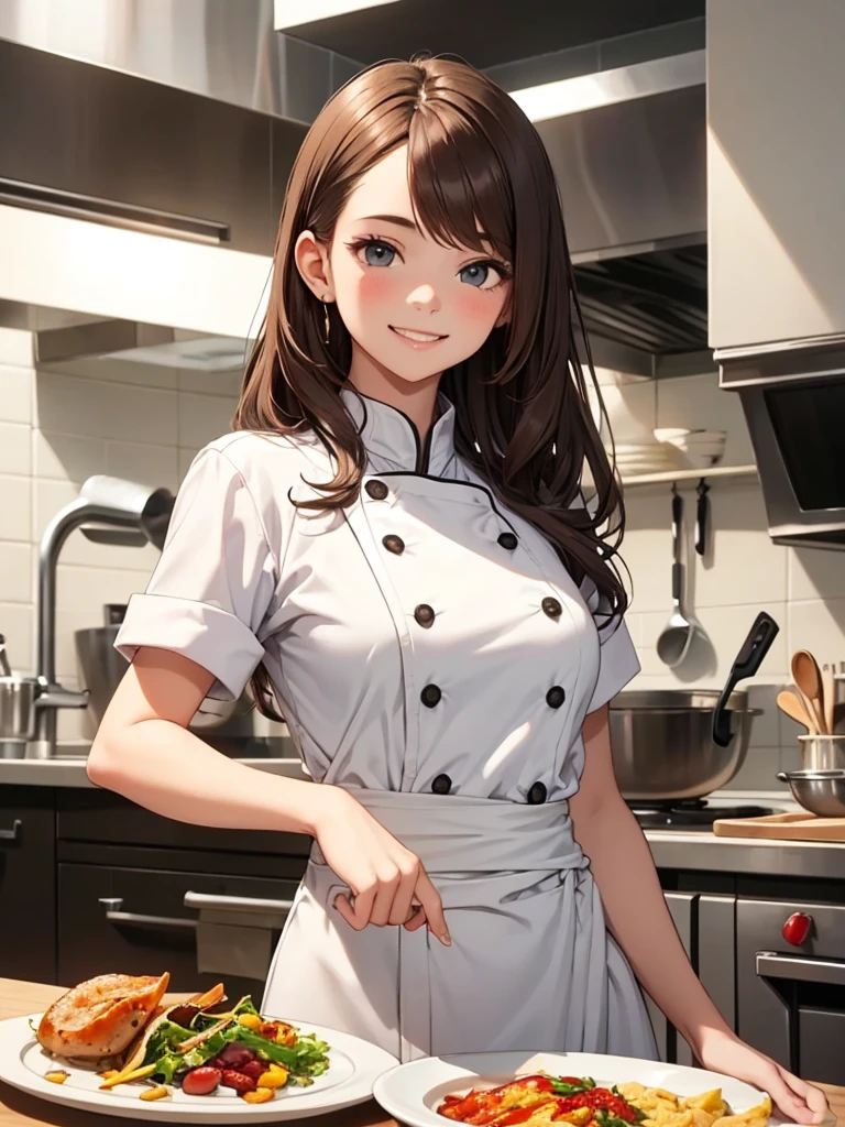 Teenage girl. Rookie chef. Apprentice. White chef outfit with red accent. Brown hair. At the kitchen. Beautiful teenage face. Cute smile. 