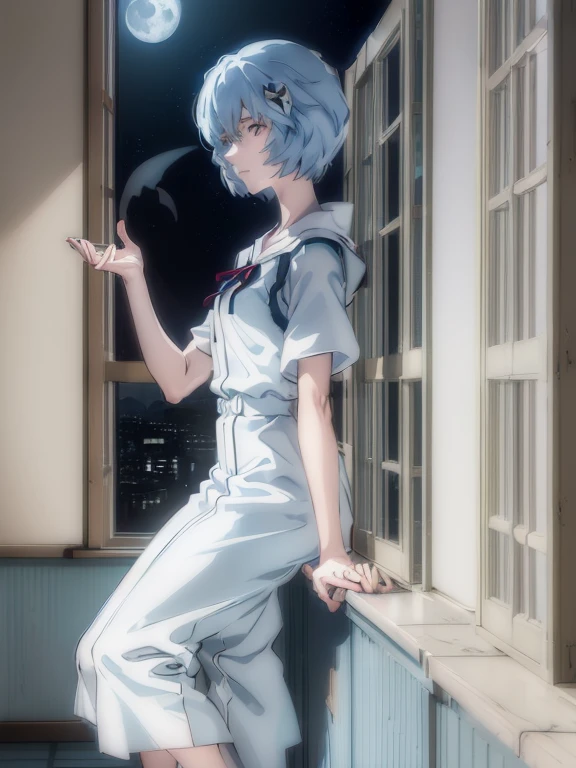 ultra-detailed, illustration, Beautiful Face, Beautiful body, (Rei Ayanami), Bluish silver hair, Silky short hair, (((One hand on cheek, Large windows, Open window, Leaning on the window frame, One foot on the window sill))), (Leaning forward), Tokyo-3 uniform, black socks, ((Moon Background, The moon looks big:1.3, Gazing at the Moon:1.3)), ((Night:1.3)), View from inside the Hospital room, The lace curtains are swaying in the wind, Slightly slim body, face in profile, ephemeral Expression, extremely detailed eyes and face, photo with an 85mm camera, ((masterpiece, best quality, high resolution))