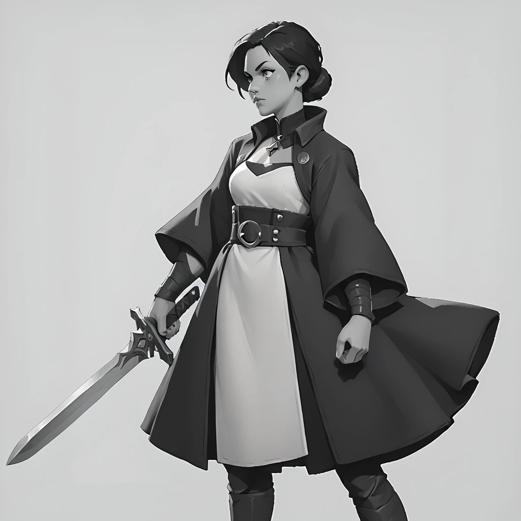 A girl , with black and white clothing using a sword