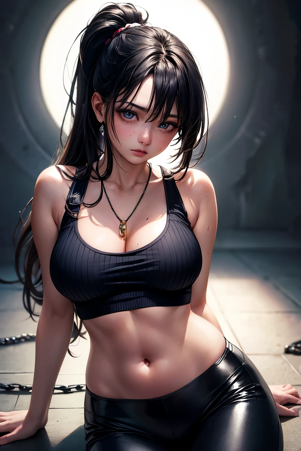 Kaori, Single model, solo, half Asian, half Latino, very long straight black hair, high ponytail, freckles, blushing, wet eyes, long chain pendant, very large heavy breasts, chubby, belly, stretchmarks, (best quality,4k,8k,highres,masterpiece:1.2),ultra-detailed,(realistic,photorealistic,photo-realistic:1.37),detailed portrait, cinematic lighting, natural skin texture, intricate details, dramatic colors, moody atmosphere, fitted ribbed white tank top (braless), leather leggings 