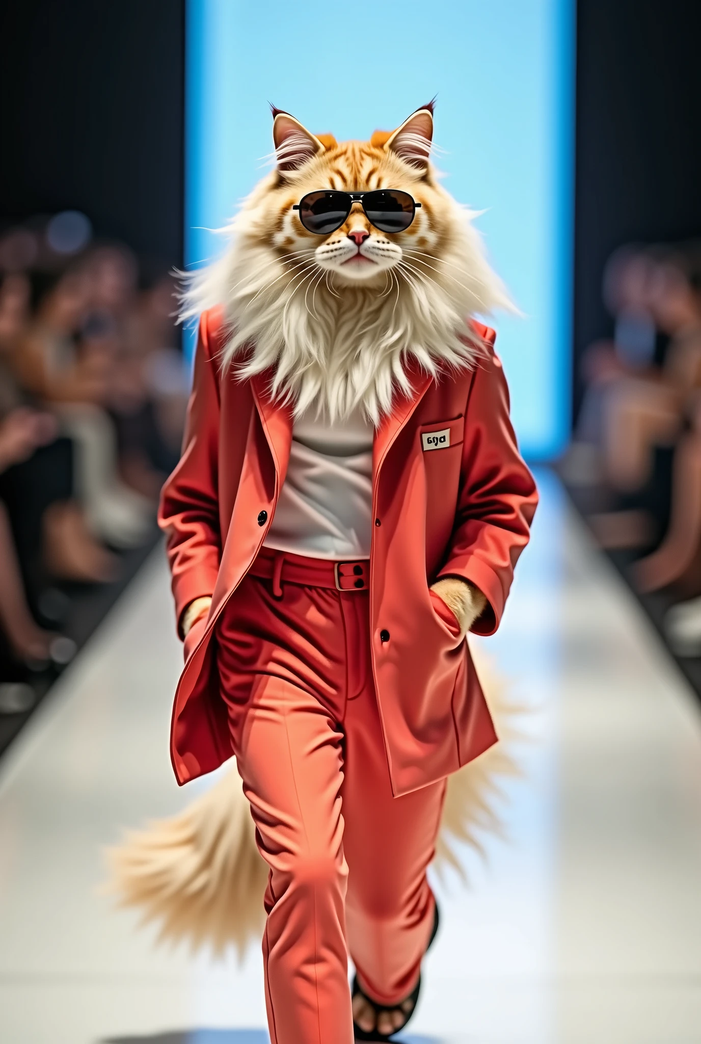 Himalayan cat wearing a youth suit and Adidas sunglasses Full body photo at a real life fashion show