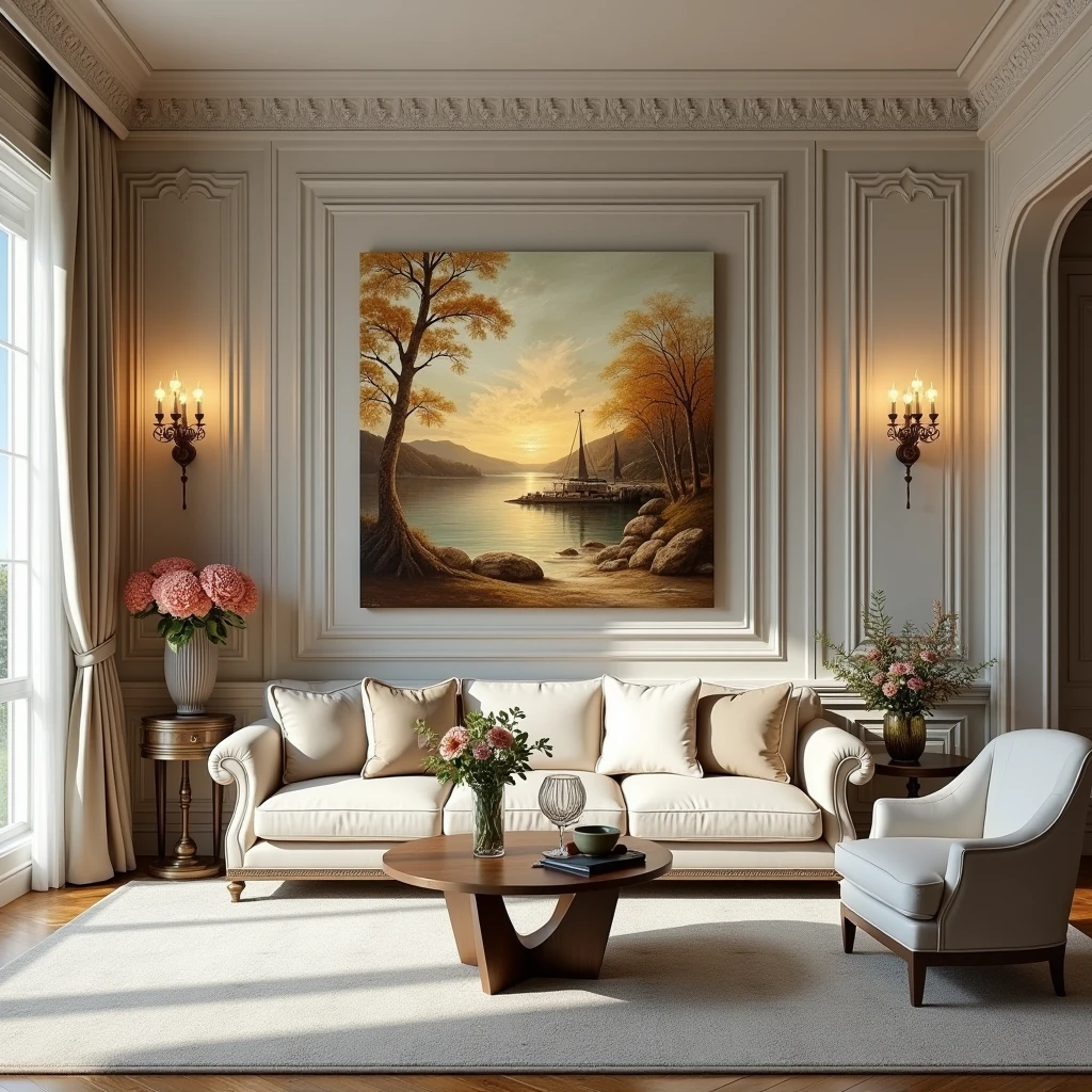 Beautiful classic design full size living room, and wall paper design with beautiful painting art square size 24 inch x 24 inch