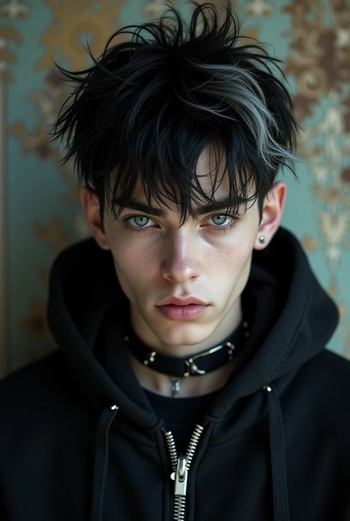 A close up of a tall young attractive man, short wavy yet spiky messy hair, hair color black dyed messily with white, with toned skin, wearing a hoodie, (gothic style:1.2) . mysterious, haunting, dramatic, (minimal, ornate), aesthetic, eerily beautiful, dark surrealism, best quality
