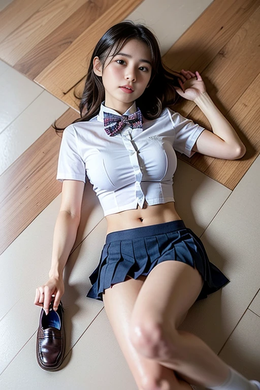 ,(Highest quality,masterpiece),RAW Photos, High resolution, Intricate details, In detail, Very detailed, Very detailed, Cinema Lighting, (whole body, View from above, Front view:1.5), alone,One girl, Japanese Idols, (Large Breasts:1.2), Obscene expression, (Lying on the floor, Leg spread:1.8), (Very tall girl, Makes your face smaller, thin, slim, thin, thin legs), (White shirt, Short sleeve, bow tie, Checked mini skirt, Pleated skirt, barefoot, Thighs, socks, loafers, school uniform:1.2), Detailed face, Beautiful attention to detail, Refined nose, Pale skin,
Photo Background, indoor,