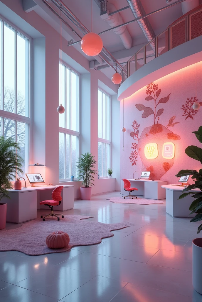 {A photorealistic image of a large, innovative loft workspace with a surreal and creative atmosphere. The space is bathed in soft pastel colors, with oversized windows letting in natural light that highlights the whimsical elements scattered throughout the room. The loft is furnished with floating desks and chairs that defy gravity, creating a surreal environment. Holographic displays and AI-powered devices float in mid-air, interacting seamlessly with the space. The walls are adorned with living murals that shift and change, reflecting the creative energy of the environment. The lighting is ethereal, with glowing orbs and soft, ambient light that adds a dreamy quality to the space. The high-resolution image captures the expansive, open layout, with a focus on the innovative and otherworldly elements that make this workspace truly unique.}