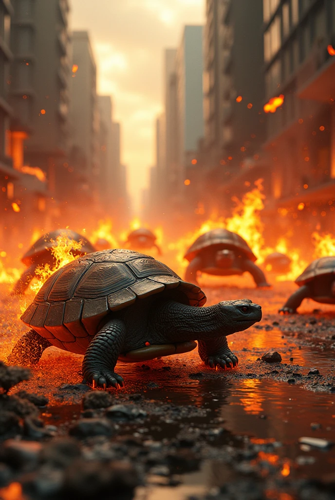 city on fire, turtles everywhere on fire, turtles driving, turtle apocalypse