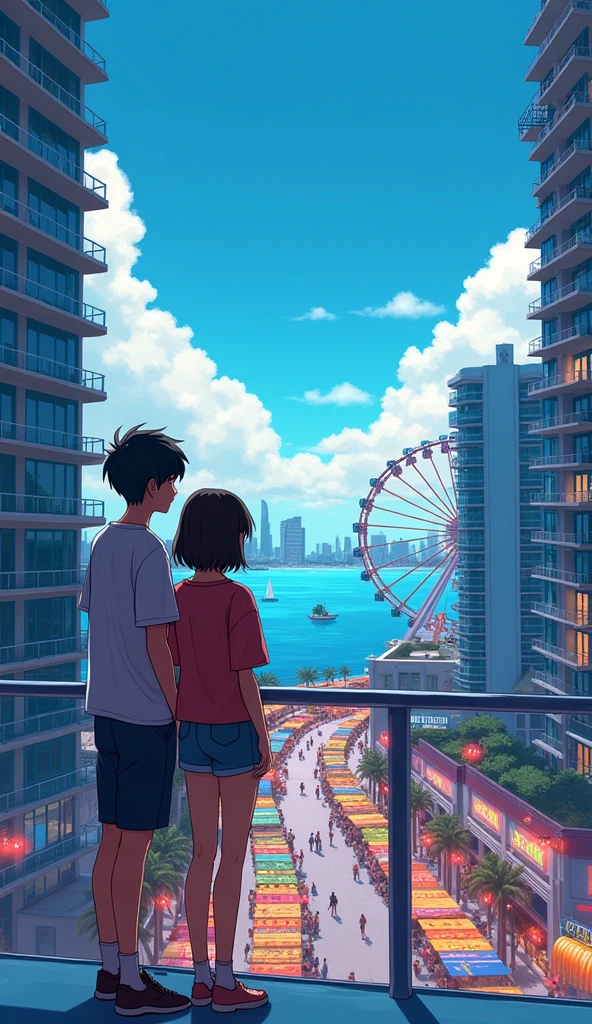 a young anime teen couple looking at the Miami Bayside market from the a balcony of a tallest among all the skyscrapers overlooking city , with bright blue sky , neon lights, miami vice vibes, , Ferris wheel at far away(wide angel view)(gta vice city vibe )