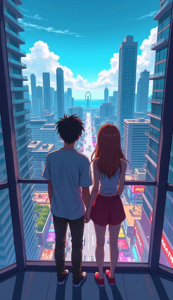 a young anime teen couple looking at the Miami Bayside market from the a balcony of a tallest among all the skyscrapers overlooking city , with bright blue sky , neon lights, miami vice vibes, , Ferris wheel at far away(wide angel view)(gta vice city vibe )