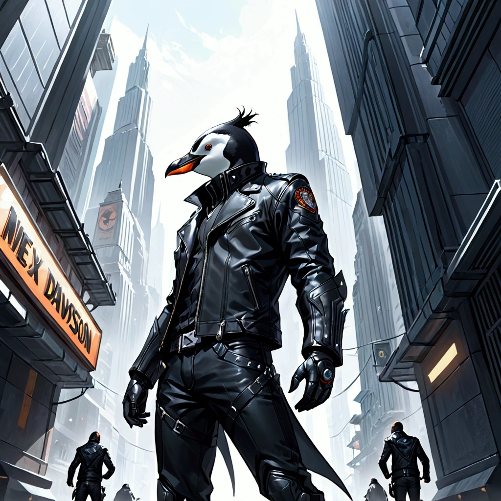 Closeup, an extremely badass anthropomorphic penguin wearing an insanely cool black leather Harley Davidson biker jacket open, black biker shirt, black leather biker gloves, black leather biker pants walking through an ultra futuristic city, angle the camera in profile from the ground up
by Todd McFarlane illustration