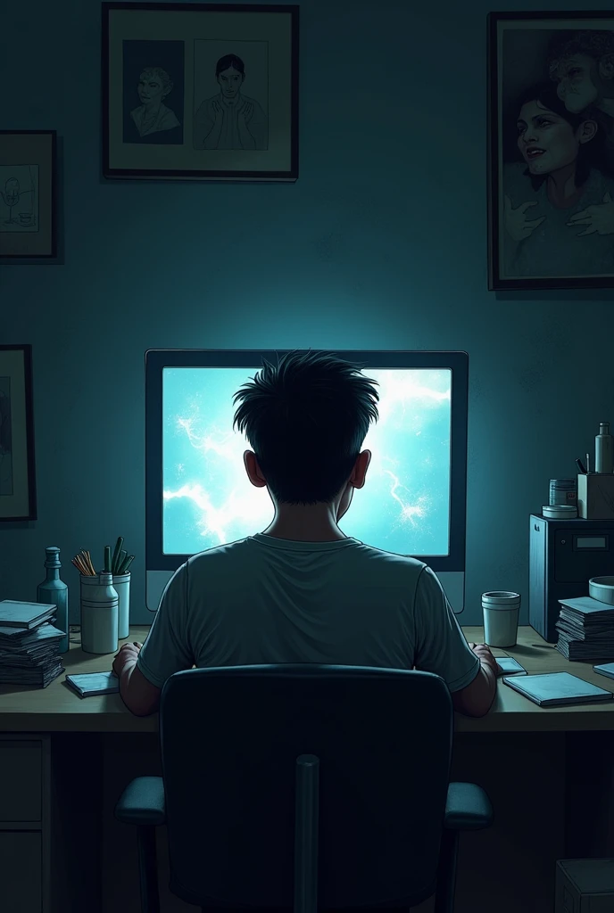 A man sits in a dark, cluttered room, with an expression of despair and tiredness. He is in front of a computer with a bright screen showing suggestive images., but his expression is one of anguish and regret. His shoulders are hunched and he appears to be in a state of internal struggle.. The surrounding environment is disorganized, reflecting the chaos and emotional struggle he is facing. The image should convey a sense of loneliness and hardship., with emphasis on the man&#39;s facial expression and the contrast between the light on the screen and the darkness around it