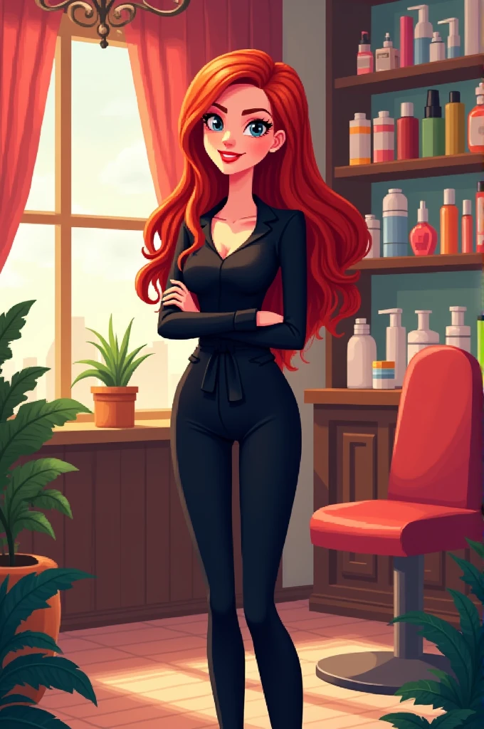 Disney Pixel style woman. The scene will be set in a beauty salon, showing the woman with long red hair, wearing striking black clothes and selling products. and smiling