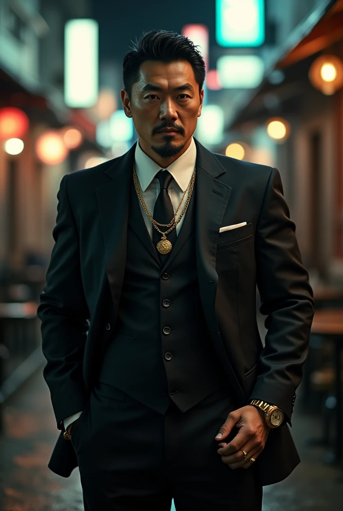 An Asian man in his 30s who appears in Japanese movies and is part of the underworld. He has a beard, is slim, and wears gold accessories.