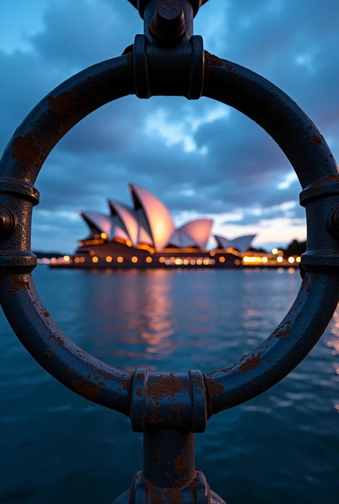 Create a photograph capturing a famous architectural landmark, such as the Sydney Opera House, through the circular metal frame of a waterfront railing. The shot should be taken at twilight, with the sky displaying shades of blue and orange as the sun sets. The metal frame should be in the foreground, slightly rusted, with bolts and bars radiating from its edges, creating a dynamic frame for the landmark in the background. The water should reflect the soft evening lights, adding a sense of calm and depth to the scene, while the landmark stands illuminated against the colorful sky."